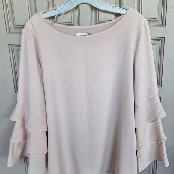 Calvin Klein Pullover SzL Ruffle Sleeve Pale Pink Poly/Spandex Round Neck Fem - Picture 2 of 10